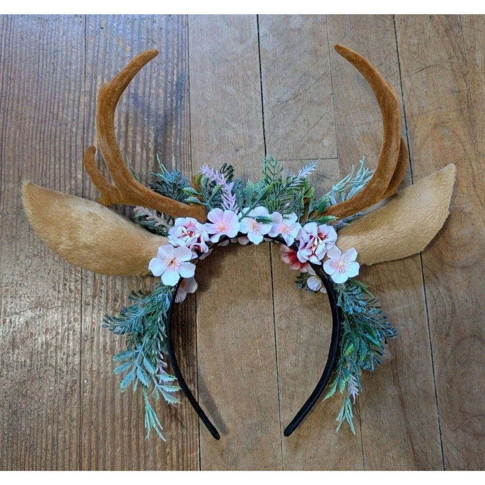 Antler Headband Adjustable Deer Reindeer Horns Crown with Ears Fairy Costume